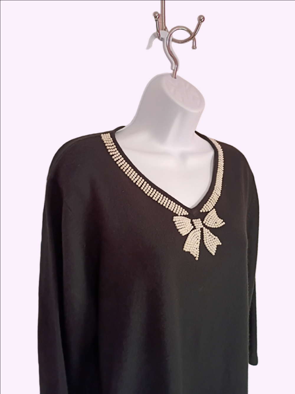 90's Sweetheart Black Sweater with Rhinestone Bow Detail Along Neckline - Picture 4 of 7